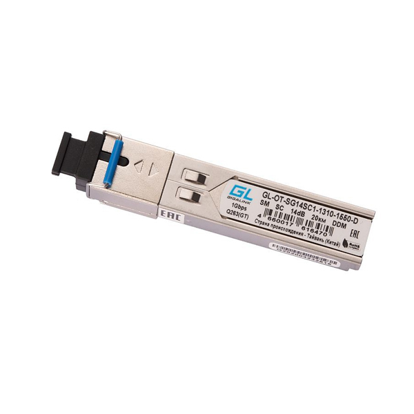 Модуль SFP GIGALINK GL-30TSC-D, WDM 100BASE=LX, одноволоконный, SM, TX1550/RX1310, DDM, SC, 20км orig_50512